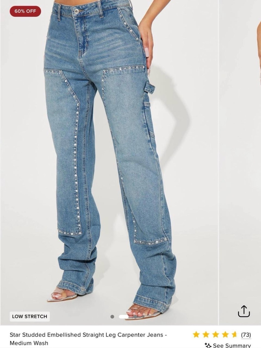 Fashion Nova Medium Wash Blue Studded Straight Leg Carpenter Jeans